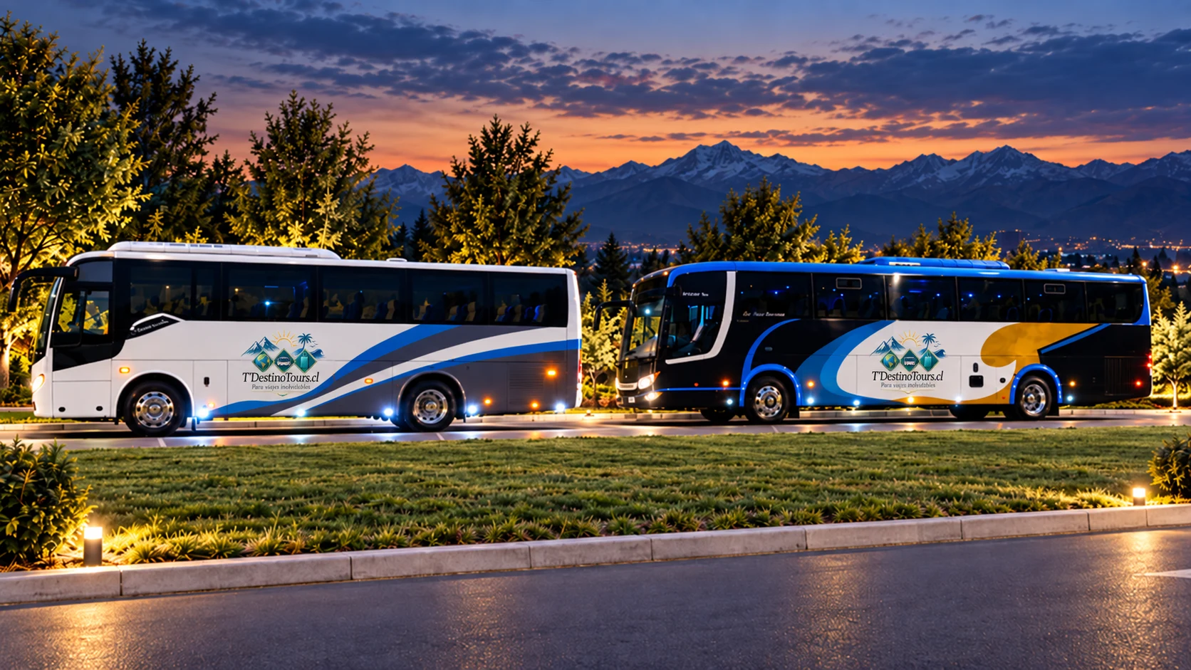 Fotografía de bienvenida con ambos buses de T’DestinoTours al atardecer