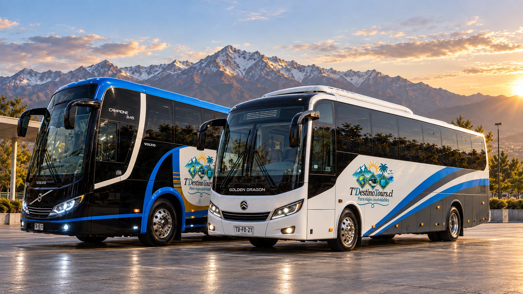 Buses Golden Dragon y Volvo de T’DestinoTours frente a la cordillera