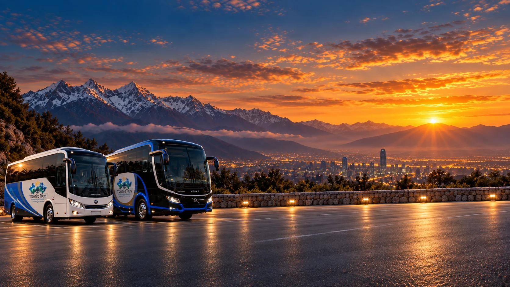 Buses Golden Dragon y Volvo de T’DestinoTours frente a la cordillera